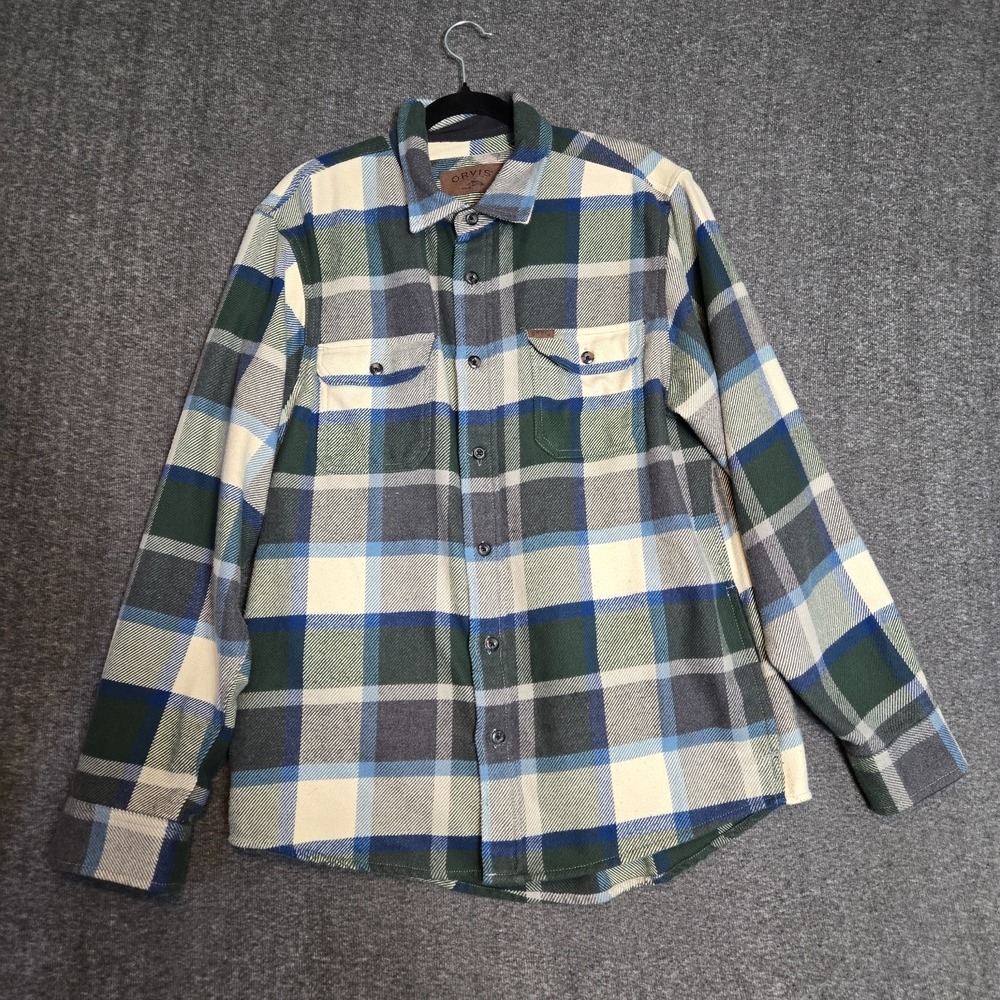 Orvis Shirt Mens Large Shacket Green Blue Flannel Plaid Button Heavy Pockets